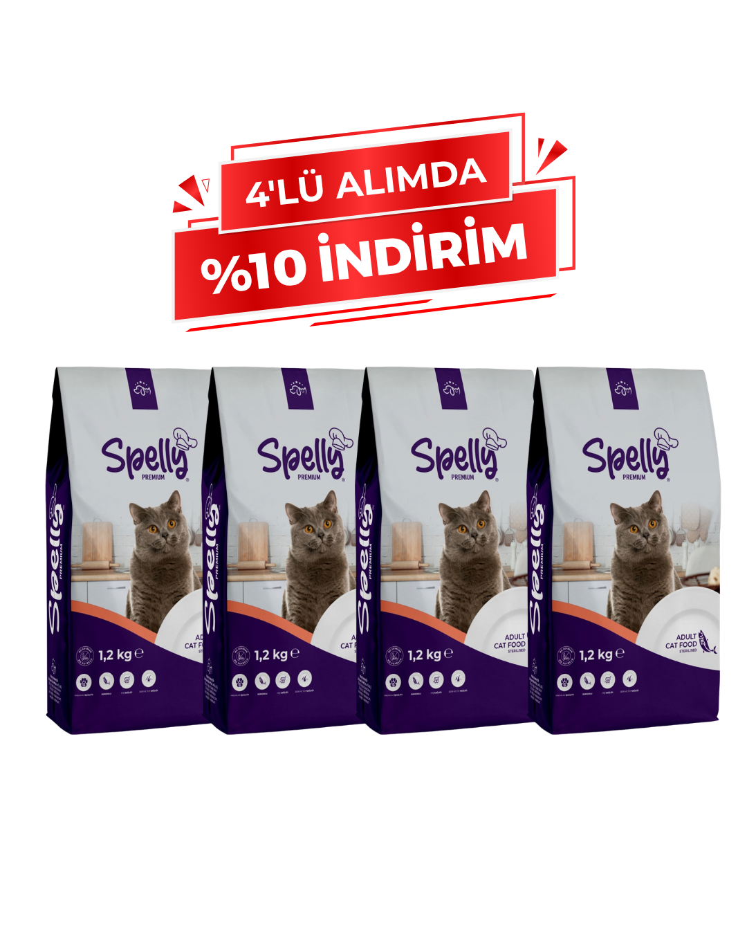 Spelly Yetişkin Kedi Maması Steril 1,2 kg x 4 Adet - Toplam 4,8 kg