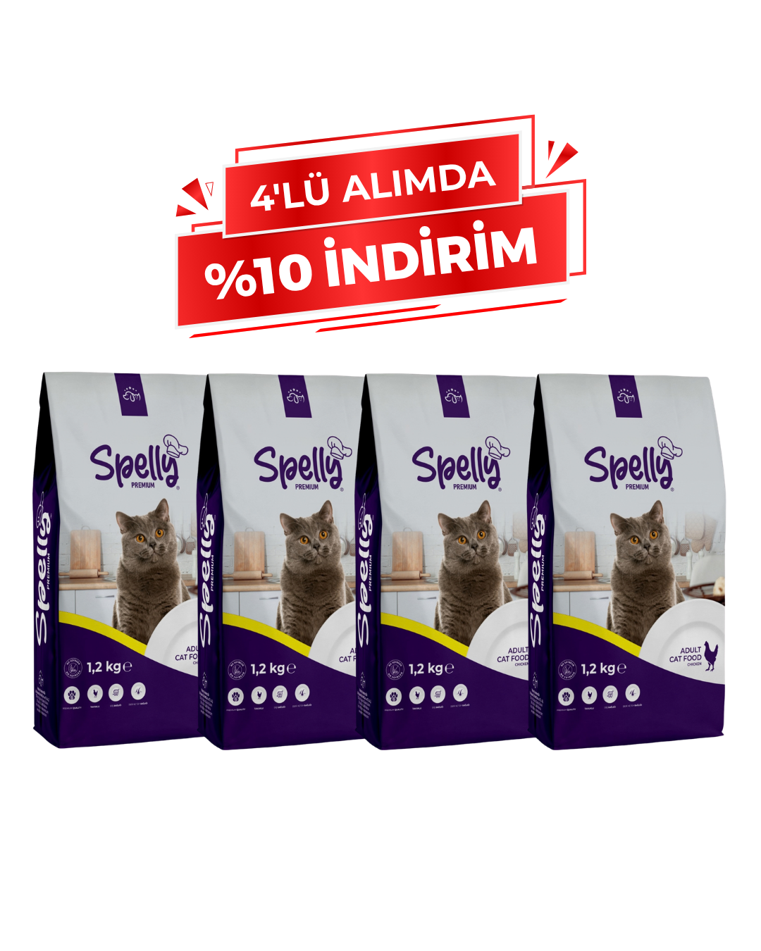 Spelly Yetişkin Kedi Maması Tavuklu 1,2 kg x 4 Adet - Toplam 4,8 kg