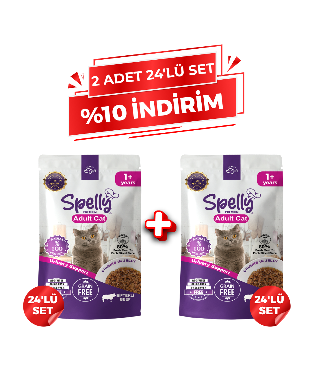 Spelly Yetişkin Kedi Yaş Maması Biftekli- (2x24'lü Set)