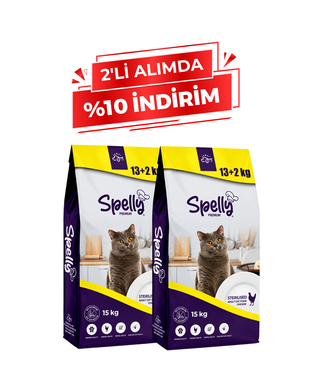 Spelly Yetişkin Kedi Maması Kısır Tavuklu 15 kg x 2 Adet - Toplam 30 kg
