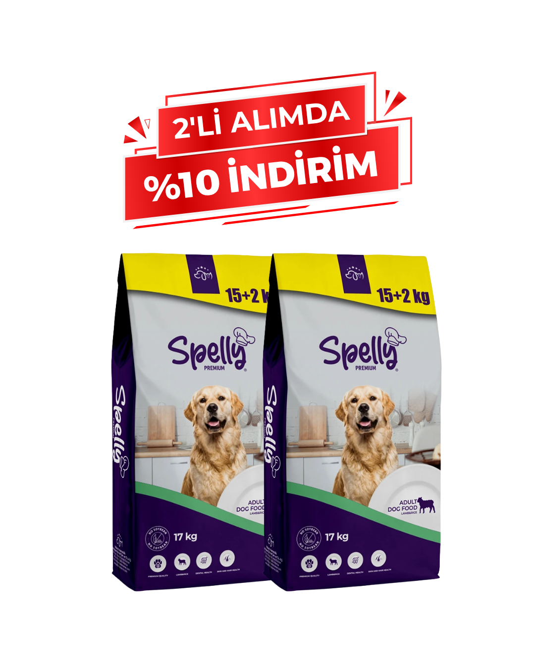 Spelly Yetişkin Köpek Maması Kuzulu Pirinçli 17 kg x 2 Adet - Toplam 34 kg