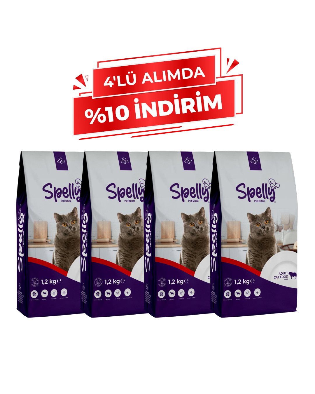 Spelly Yetişkin Kedi Maması Biftekli 1,2 kg x 4 Adet - Toplam 4,8 kg