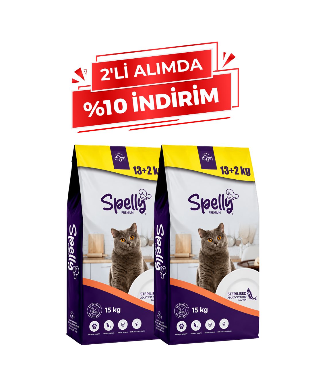 Spelly Yetişkin Kedi Maması Kısır Somonlu 15 kg x 2 Adet - Toplam 30 kg